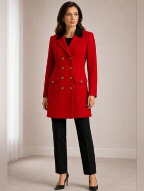 St John Collection Red Wool Blend Blazer Coat Gold Buttons